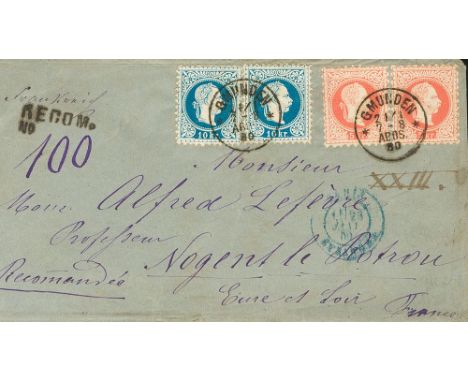AUSTRIA. sobre 34(2), 36(2). 1880. 5 k red, two stamps and 10 k blue, two stamps. Registered cover from GMUNDEN to NOGENT LE 