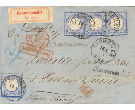 GERMANY. Germany Reich. sobre 5(4). 1873. 2 g blue, four stamps. Registered cover from GEBWEILLER to PORT SUR SAONE. Manuscri