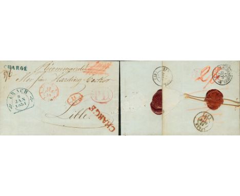 GERMANY. Wurttemberg. sobre 1851. Registered from URACH to LILLE (FRANCE). Red and blue postmarks CHARGES, 11 / AED (Affranch