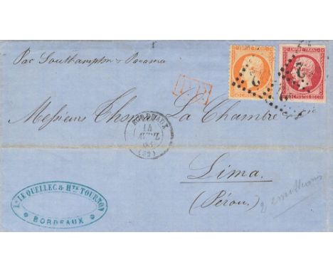 FRANCE. sobre 17B, 23. 1863. 80 cts pink and 40 cts orange (perforated). MARSELLA to LIMA. On reverse arrival. VERY FINE. 