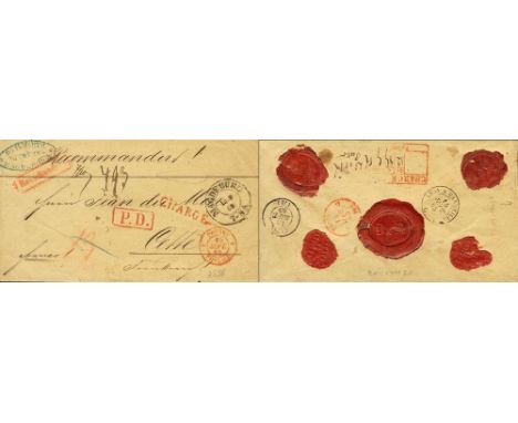GERMANY. Prussia. sobre 1865. Registered cover from MAGDEBURG to CETTE (FRANCE). Postmarks RECOMANDIRT and CHARGE, in red, c.
