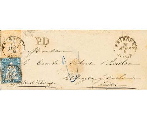 SWITZERLAND. sobre 27, 29. 1860. 10 rp blue and 20 rp orange. FRIBURGO to BELLINGEN. Postmark FRIBOURG / SUISSE and manuscrip