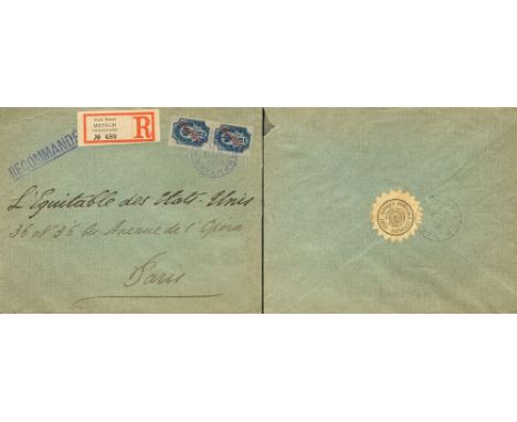 RUSSIA. sobre 28A(2). 1905. 1 pi over 10 k blue, pair. Registered from METELIN (POLAND) to PARIS. Cancellation c.d.s. MITELIN