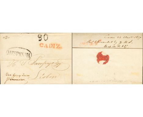 UNITED STATES. sobre 1817. BALTIMORE to LISBON, addressed and forwarded via Cadiz. Postmark CADIZ, in red and HESPANHA, in bl