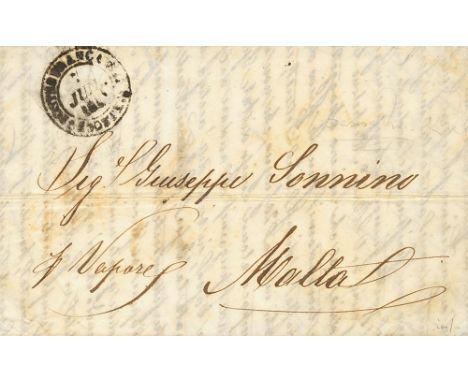 BRITISH AREA. Malta. sobre 1843. LIVORNO to MALTA. Manuscript "P. Vapore", on reverse straight line cancel 8 JULY 1 D, in bla