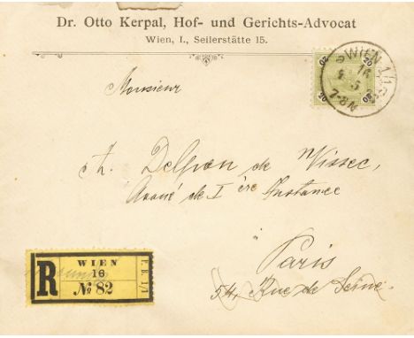 AUSTRIA. sobre 61. 1893. 20 k olive. Registered from WIEN to PARIS. On reverse arrival. VERY FINE. 