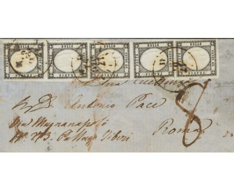 ITALY. Naples. sobre 12(5). 1861. 10 g dark black, strip of five. L´AQUILA to ROMA. Date stamp cancel "with time" L´AQUILA an