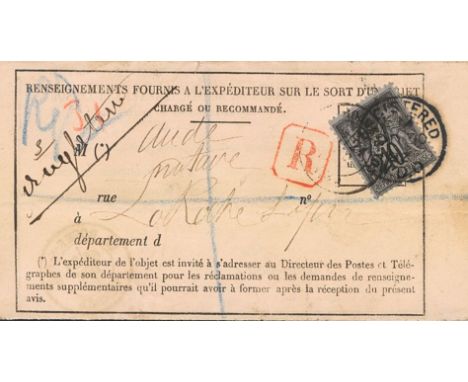 FRANCE. sobre 89. 1882. 10 cts black on lilac. Acknowledgement of receipt from a Registered cover from LA ROCHE SUR YON to LO