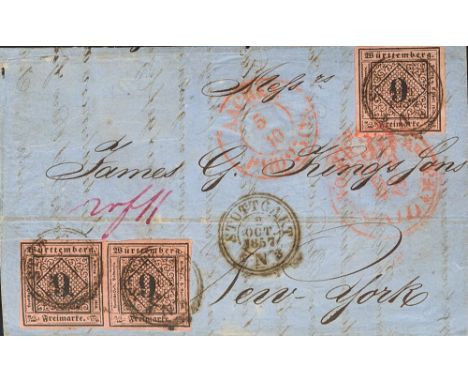 GERMANY. Wurttemberg. sobre 4(3). 1857. 9 k pink, three stamps. STUTTGART to NEW YORK. STUTTGART / 6 N3 postmark. On front AA