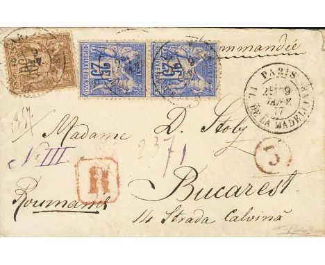 FRANCE. sobre 69, 78(2). 1877. 30 cts light brown and 25 cts ultramarine, two stamps (Rate: letter 30 cts + registered 50 cts