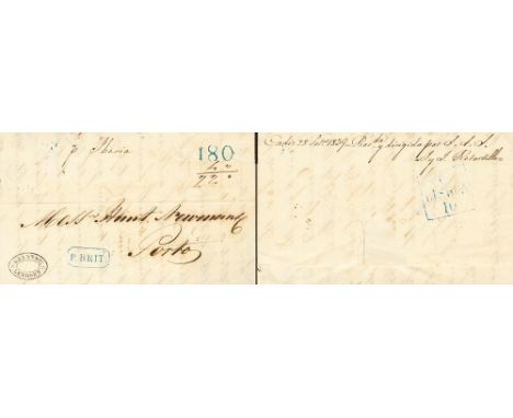 ITALY. Tuscany. sobre 1839. LEGHORN (LIVORNO) to PORTO. Postmark P. BRITº, in blue and rate "180" applied in destination and 