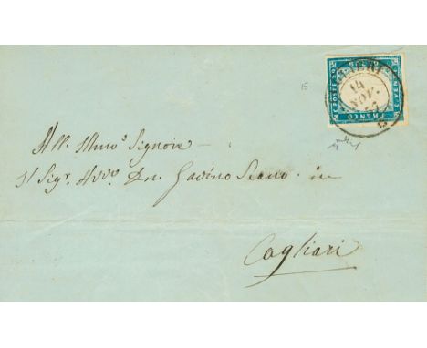 ITALY. Sardinia. sobre 12b. 1857. 20 cts light blue. CUGLIERI to CAGLIARI. C.d.s. cancellation CUGLIERI / *. VERY FINE. 