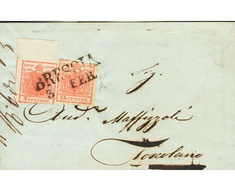 ITALY. Lombardy-Venetia. sobre 3. 1851. 15 cts red and Austrian stamp of 3 k red (short margins). BRESCIA to TOSCOLANO. Date 