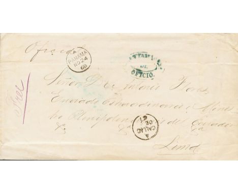 PANAMA. Panama Transit. sobre 1868. Dirigida a LIMA (PERU). Marca SANTANDER / DE / OFICIO, en azul y fechadores tipo pequeño 