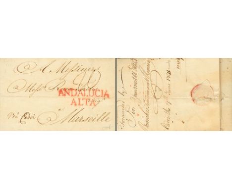 UNITED STATES. sobre 1771. PHILADELPHIA to MARSELLA, forwarded via Cadiz. Postmark ANDALUCIA / ALTA, in red and on reverse ma