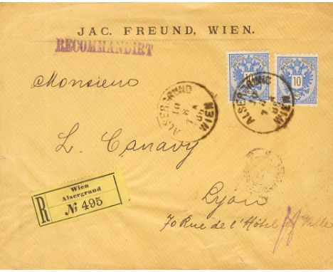 AUSTRIA. sobre 43(2). 1886. 10 k blue, two stamps. Registered from ALSERGRUND (WIEN) to LYON (FRANCE). On reverse arrival. VE
