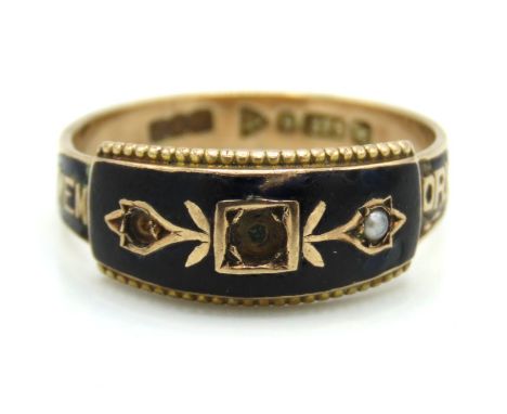 An antique 1913 9ct Chester gold Memory ring with black enamel & pearl, lacking two stones, 2.4g, size O