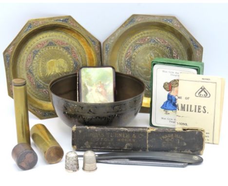 Two trench art style coin boxes, two white metal thimbles, a cut-throat razor, two brass octagonal dishes, a Persian bowl, a 