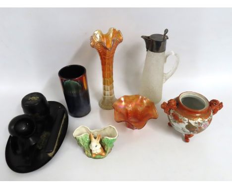 A lacquerware dressing table set, a Japanese porcelain Kutani pot lacking cover, two pieces of carnival glass, a claret jug w