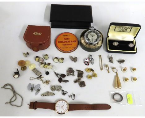 A quantity of costume jewellery including hallmarked millennium silver cufflinks in box, an Ingersoll pocket watch, an antiqu