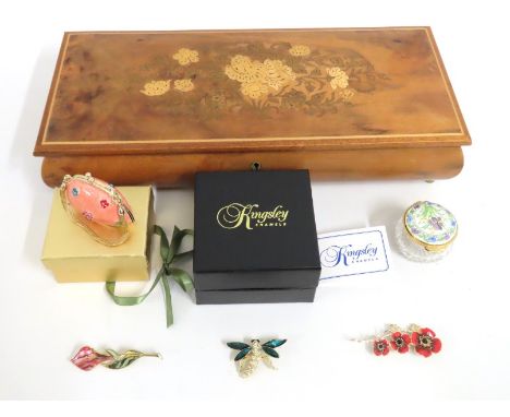 An Italian inlaid musical jewellery box, 345mm wide x 155mm deep x 65mm high, a boxed Kingsley enamel & four costume items 