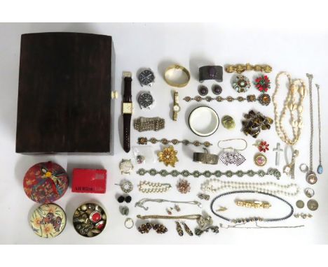 A selection of costume jewellery items including a silver St. Austell Water Polo sports badge dated 1931 with chain, a 1914 f