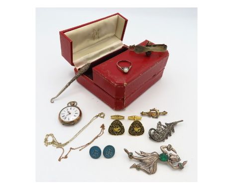 A Must De Cartier box, some wear to gilding, twinned with a London silver ring set with pearl, a white metal Frederick Massin