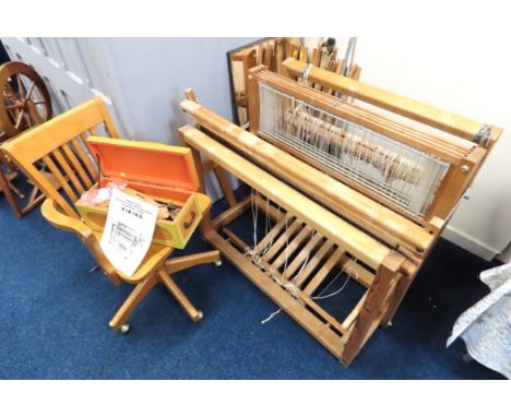 A large, heavy floor standing pitch pine Glimakra Viking loom with chair, accessories & shuttles