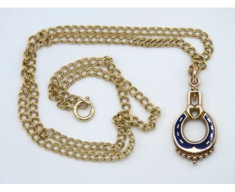A 9ct gold chain set with yellow metal & enamel horseshoe pendant, 28mm drop, tests electronically as 9ct gold, 6.2g total, c