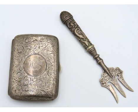 An 1896 Chester silver cigarette case by William Neale, monogrammed "BM", 63.9, twinned with an 1895 Birmingham silver pickle