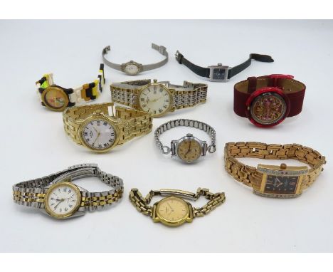Two Tissot wristwatches, not running, an Ingersoll Pink, a Swatch, a vintage Ingersoll, two Rotary & other watches