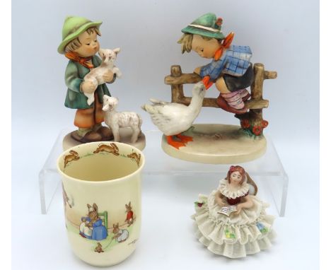 Two Goebel figures, a small Dresden porcelain figure & a Royal Doulton Bunnykins beaker, tallest Goebel 145mm