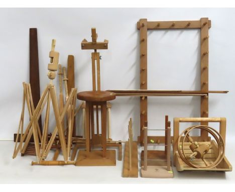 A selection of dress making, weaving & loom accessories including an Ashford Lazy Kate & a Glimakra umbrella yarn baller