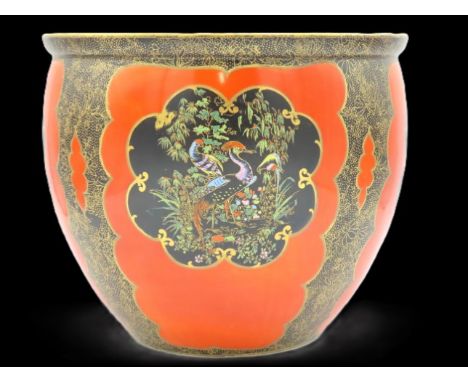 A 1920's Carltonware jardiniere with chinoserie decor on red ground, 256mm wide x 215mm high