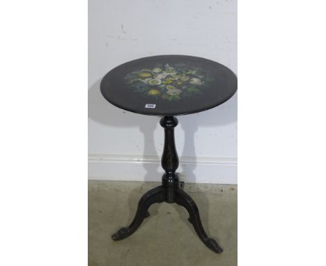 A Victorian circular slate top occasional table on a lacquered baluster column and tripod base with all over floral decoratio