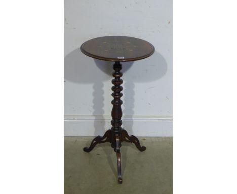 A 19th century rosewood circular occasional table with brass and enamel marquetry to top on bobbin support and pierced tripod