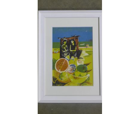 John Minton - Corsican Fruit Seller - lithograph 1948 - Image size 22cm x 15cm - Framed size 33.5cm x 25cm 
Condition report: