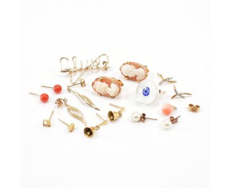 A collection of vintage 9ct gold jewellery. The lot to include a pair of hallmarked clip on cameo earrings (hallmarked Cheste