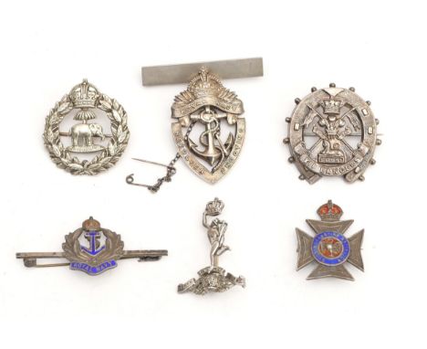 Six sterling silver military Sweetheart badges, including XII Lancers, Royal Navy and Indian, 49g.