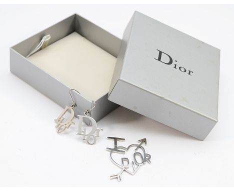 Christian Dior, a pair of silver gilt logo hook earrings, with a Christian Dior pendant, 50mm, 10g