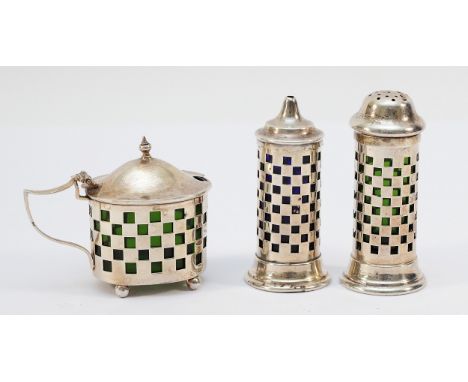 A silver pierced condiment dish with lid and handle, lined with green glass, Birmingham 1911, together with a pierced silver 