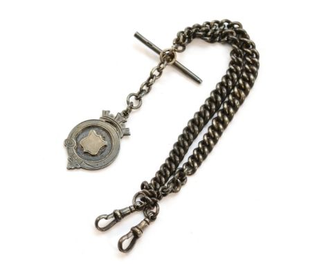 An oxidised silver pocket watch chain, 1913, with a fob, 59g