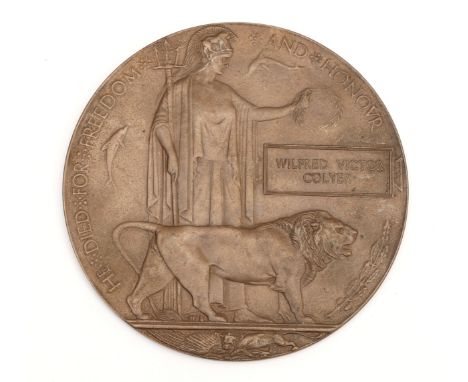 WWI Death plaque, presented to Wilfred Victor Colyer.