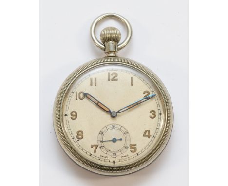 A British military nickel keyless wind open face pocket watch, GS/TI over broad arrow, over 085518, 49mmWorking when catalogu