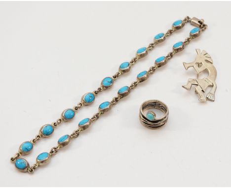 Mexico, a silver and turquoise necklace, a Mexico silver and turquoise ring, P, and a Mexico silver brooch, 53mm, 72g
