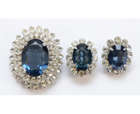 Christian Dior, 1968 Germany, a gilt metal gemset brooch with matching clip on earrings, 40mm brooch, 35g