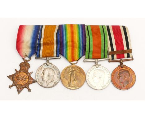 WWI-WWII mounted medal group, including the 1914-1915 Star, War, Victory, Defence and the 1958 long service for constabulary,