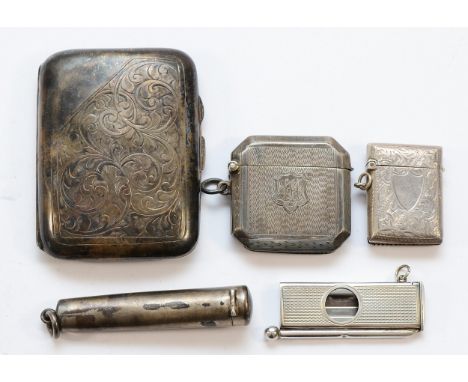 Two silver vesta cases, Birmingham 1927, 1911, together with a silver cigarette case, Birmingham 1928, having a split the the