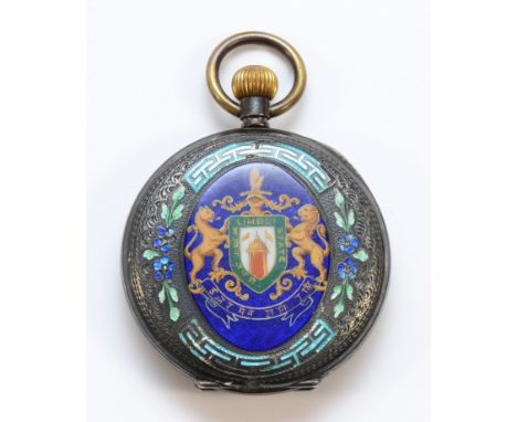 Valy Fateh Mohemed & Sons, Rajkot, a Swiss silver and enamel keyless wind full hunter pocket watch, signed white enamel dial,