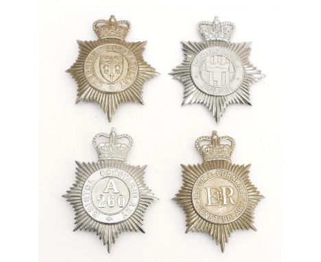 ERII four police helmet plates, to include Northumbria and Bristol Constabulary A260.